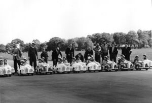 All lined up for the Austin J40 Pedal car race <br />at Silverstone In the 1950&rsquo;s